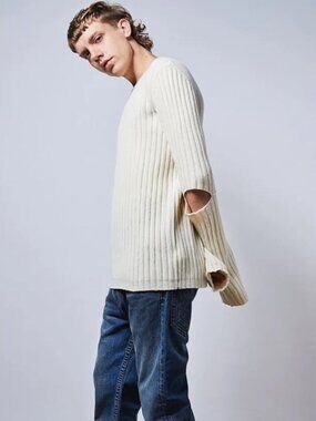 HELMUT LANG Re-Edition Ivory 100% Wool Ribbed Knit Cut-Out Elbow Sweater, Size M